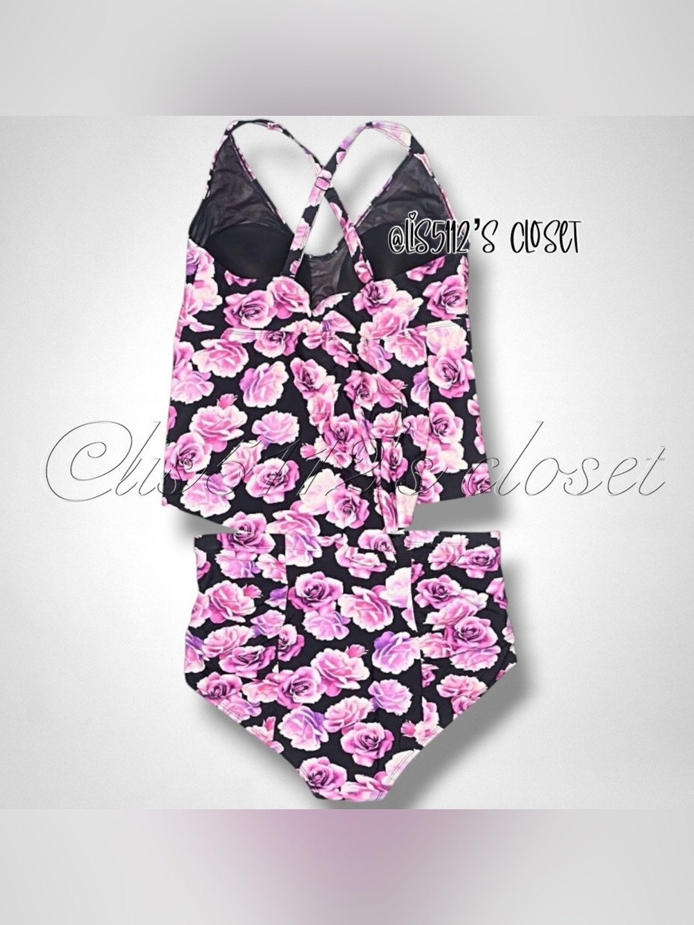 Torrid Pink & Purple Roses Black Tankini & Ruched Bottoms 2pc Swimsuit SET 1X - Picture 6 of 12